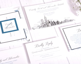 Chicago Wedding Invitation, Destination Wedding Invite, Chicago Skyline Invitations, Hand Drawn Wedding Invitation Suite