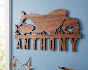 Sea Animals Kids Name Sign, Ocean Themed Baby Nursery Signs, Wooden Coastal Wall Art
