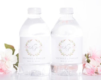 Pink Floral Wedding Water Bottle Labels - Elegant Wedding Bottle Labels - Waterproof Bottle Labels for Weddings - Water Stickers - #wdiW-351