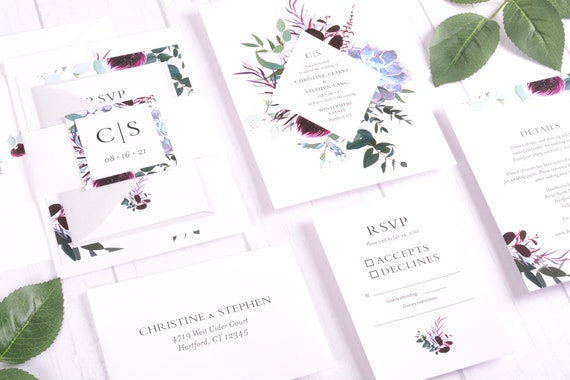 Greenery Wedding Invitation Set, Burgundy Floral Wedding Invitation Suites, Custom Printed Garden Wedding Invite Suite #wdi-364 Il_570xn