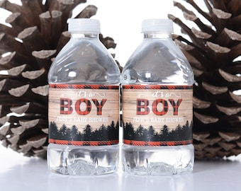 Custom Baby Shower Water Bottle Labels - Waterproof Water Bottle Labels for Baby Shower - Lumberjack Baby Shower #bsiW-95