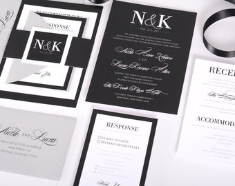 Black Tie Wedding Invitation, Formal Invitation Suite, Black & White Wedding Invitations, Invite Set #wdi-267