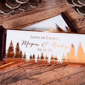 Wedding Candy Wrappers Metallic Foil Chocolate Bar WRAPPERS Rustic Woods Wedding Chocolate Bar Labels Candy Stickers wdiHB-129 image 1