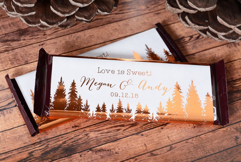 Wedding Candy Wrappers Metallic Foil Chocolate Bar WRAPPERS Rustic Woods Wedding Chocolate Bar Labels Candy Stickers wdiHB-129 image 1