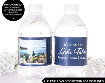 Lake Tahoe Skyline Water Bottle Labels - Waterproof Wedding Bottle Labels - Cityscape Wedding Stickers - Waterproof Bottled Water Label