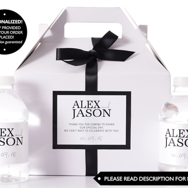 Wedding Guest Gift Box - Wedding Welcome Boxes with Matching Water Labels - Wedding Survival Kit - Modern Wedding Favor Boxes - #wdiG-216