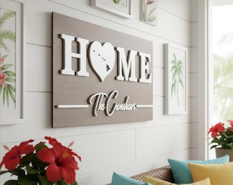 Hawaii State Home Sign: Custom Family Name Hawaiian Plaque, Wooden Laser Cut Welcome Signs