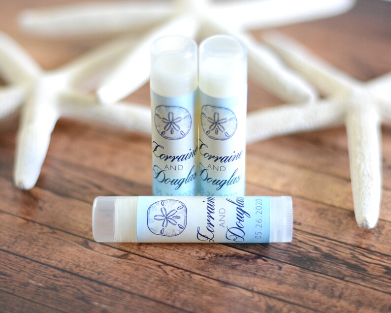 Sand Dollar Wedding Lip Balms Tropical Wedding Chapstick #wdiL-343 Lip Balm Labels and Tubes Beach Wedding Chapstick Favors