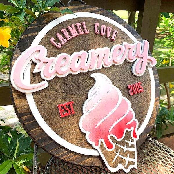 Ice Cream Shop Sign, Custom Business Logo Sign, Custom Shop Window Sign, Wood Round Store Sign, Creamery Shop Sign, YOUR BUSINESS HERE Sign