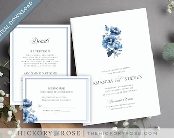 INSTANT DOWNLOAD Invitation Suite, Editable Card Template, Blue Floral Wedding Invite Set Template, Printable Invitation Templates | wdi-418