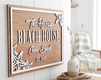 Custom Family Name Sign, Family Beach House Sign, Beach Themed Wall Decor, Summer Home Decor, Wood Last Name Sign, Seaside Wall Art
