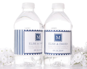 Monogram Wedding Water Bottle Labels - Striped Wedding Bottle Labels - Water Bottle Labels for Weddings - Monogram Stickers - #wdiW-181