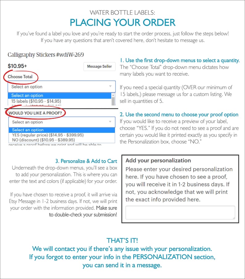 May include: A guide for placing an order for calligraphy stickers. The guide includes instructions for selecting the quantity, proof option, and personalization. The text includes the product name "Calligraphy Stickers #wdiW-269" and the price "$10.95+".