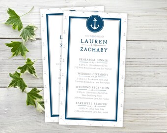 Nautical Wedding Schedule Cards, Wedding Event Itinerary, Custom Printed Wedding Itineraries #wdiS-215