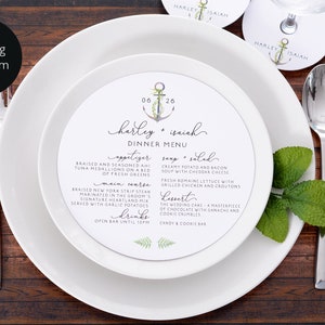 Round Wedding Menus - Nautical Wedding Plate Menus - FREE Matching Wine Stem Tags - 6.5&quot; Wedding Menu - Wedding Dinner Menu - #wdiM-299