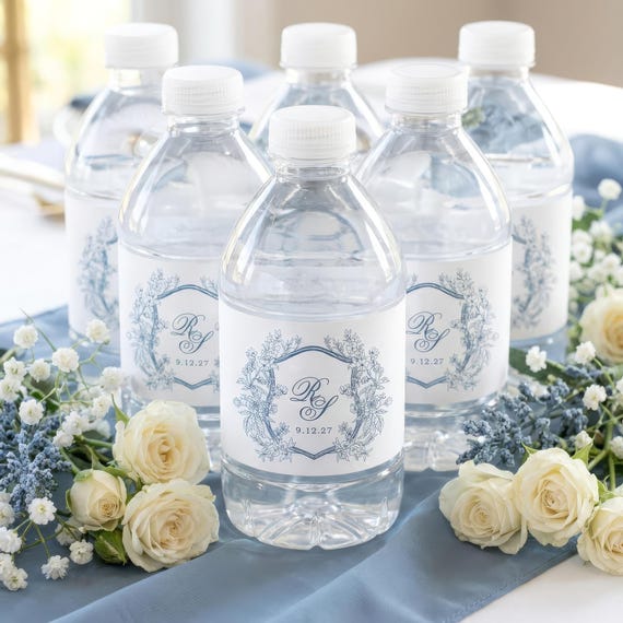 Waterproof Wedding Water Bottle Labels - Custom Crest Wedding Stickers