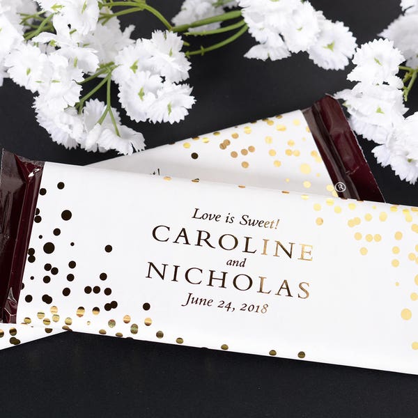 Wedding Candy Wrappers, Metallic Foil Labels, Wedding Candy Bar Wraps, Gold Confetti Candy Bar Labels #wdiHB-141