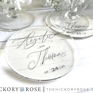 Custom Wedding Coasters, Minimalist Wedding Decor, Personalized Clear Coasters, Custom Wedding Keepsakes, Wedding Favors, Wedding Name Gifts