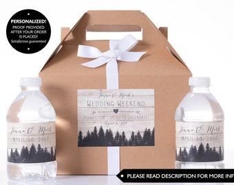 Wedding Guest Gift - Wedding Favor Box / Welcome Box Sets with Matching Water Bottle Labels - Rustic Hotel Wedding Box Kits - #wdiG-129