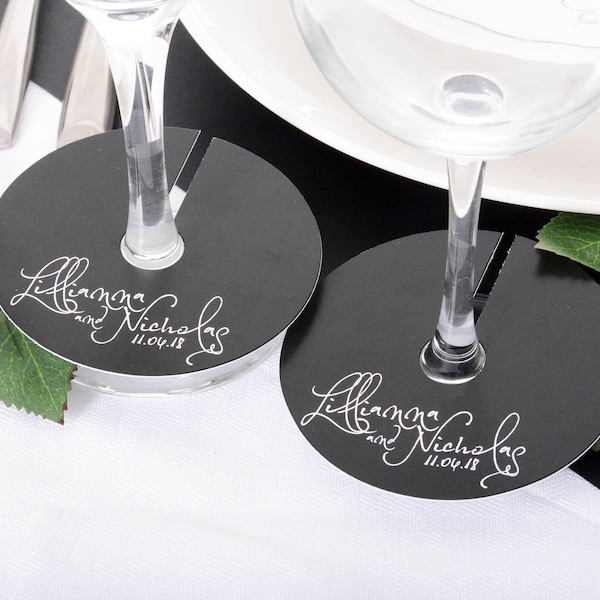 Wedding Wine Glass Tags - Champagne Glass Tag - Calligraphy Wineglass Tags - Personalized Wine Stem Tag - Wine Glass Stem Circles - wdiM-273