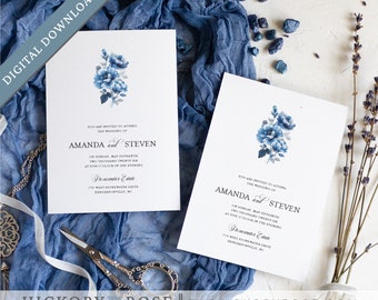 INSTANT DOWNLOAD Invitation, Editable Invitation Template, Blue Floral Wedding Invite Template, Printable Invitation Templates | #wdi-418