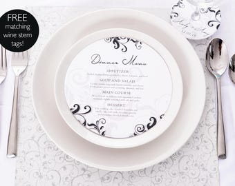 Round Wedding Menus - Wedding Plate Menus - FREE Matching Wine Glass Tags - 6.5" Personalized Wedding Menu - Wedding Dinner Menu - wdiM-108b