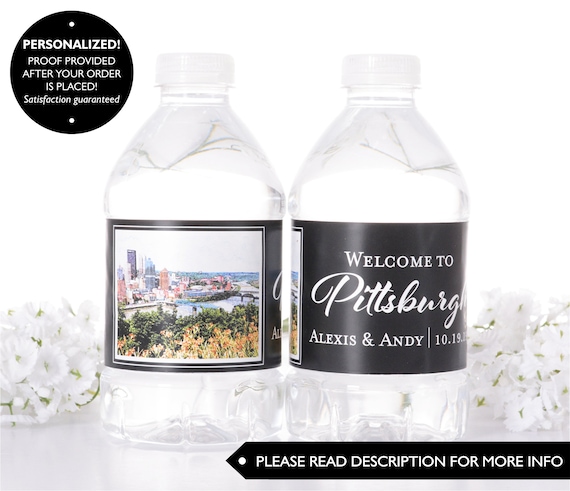 Pittsburgh Skyline Water Bottle Labels - Waterproof Wedding Bottle Labels - Cityscape Wedding Stickers - Waterproof Bottled Water Label Il_570xn
