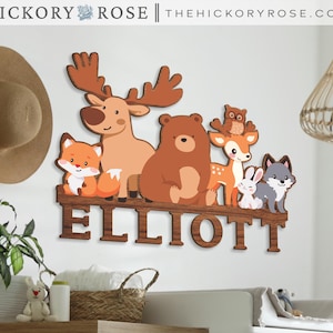 Letrero de animales del bosque para guardería / Letrero personalizado con nombre de bebé, Letrero de cuna con temática de bosque, Decoración de guardería con animales del bosque, Letrero de madera cortado con láser
