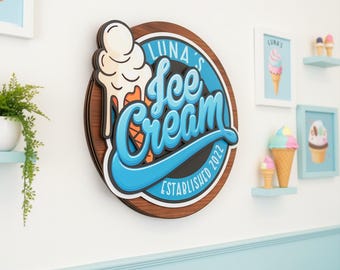 Custom 3D Ice Cream Logo Sign – Personalized Wooden Business Storefront Signage