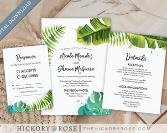 INSTANT DOWNLOAD Invitation Set, Editable Card Template, Tropical Wedding Invite Template, Printable Invitation Suite Templates | #wdi-422