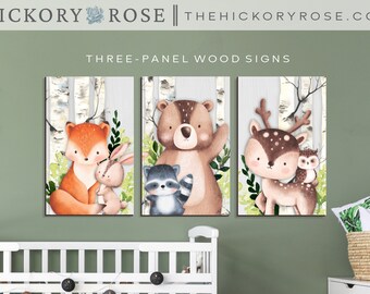 Baby Nursery Wall Art | 3-Panel Wall Signs | Baby Nursery Decor | Nursery Gifts, New Baby Gifts | Woodland Themed Nursery, Baby Animal Decor