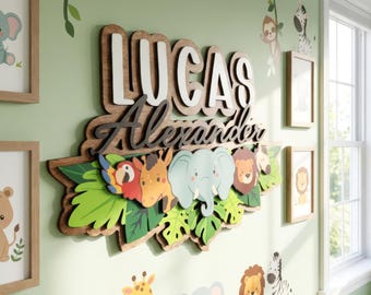 Letrero con el nombre del bebé con motivos de animales de la selva, decoración de pared para habitación infantil con temática de safari, letreros personalizados para cunas infantiles.