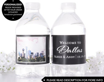 Dallas Skyline Water Bottle Labels - Waterproof Wedding Bottle Labels - Cityscape Wedding Stickers - Waterproof Bottled Water Label