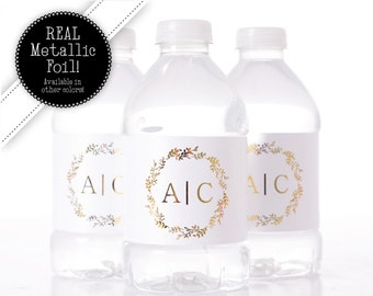 METALLIC FOIL Monogram Wedding Water Bottle Labels - Real Metallic Foil Water Bottle Labels - Shiny Wedding Water Bottle Labels - #wdiW-201