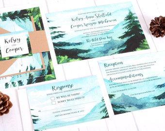 Mountain Wedding Invitation, Watercolor Invitations, Rustic Invitation Suite, Printed Wedding Invite #wdi-249