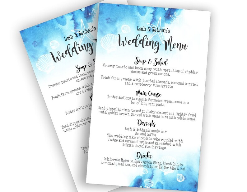 Beach Wedding Menus Beautiful Personalized Wedding Menu Etsy