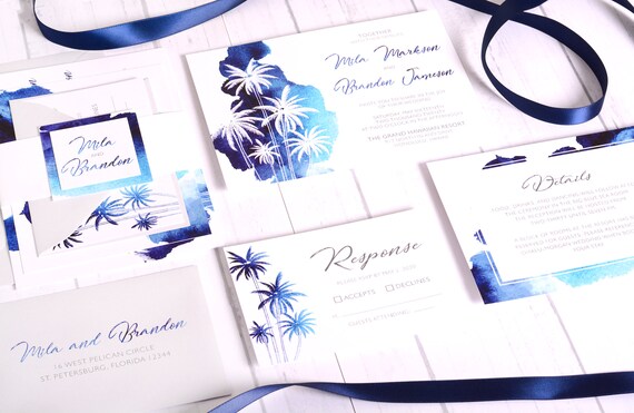 Beach Wedding Invitation Suite, Watercolor Wedding Invites, Tropical Palm Tree Wedding Invitations #wdi-345 Il_570xn