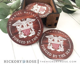 Custom Navy Coaster Set, Coaster Gift Set, Navy Military Gifts, Laser Cut Wood Coaster Set, Military Retirement Gift, Personalized Coasters