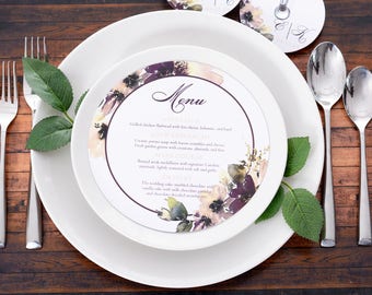 Round Wedding Menus - Wedding Plate Menus - FREE Matching Wine Glass Tags - 6.5" Personalized Wedding Menu - Wedding Dinner Menu - #wdiM-279