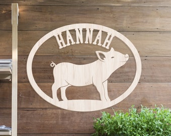 Pig Name Sign, Pig Wall Decal Art, Farm Animal Sign, Custom Name Sign, Custom Name Plaque, Wooden Hanging Sign, Personalized Gift Ideas