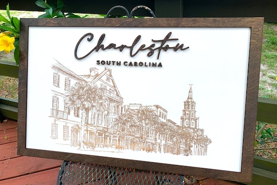 Charleston Skyline Wall Art, Charleston Housewarming Gift, South Carolina Souvenir Wall Decor, Charleston SC Art, Charleston Artwork Sign Il_570xn
