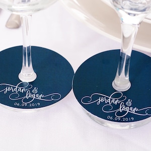 Wedding Wine Glass Tags - Champagne Glass Tags - Script Wine Glass Markers - Personalized Wine Stem Tag - Wine Glass Stem Circles - wmuR-101