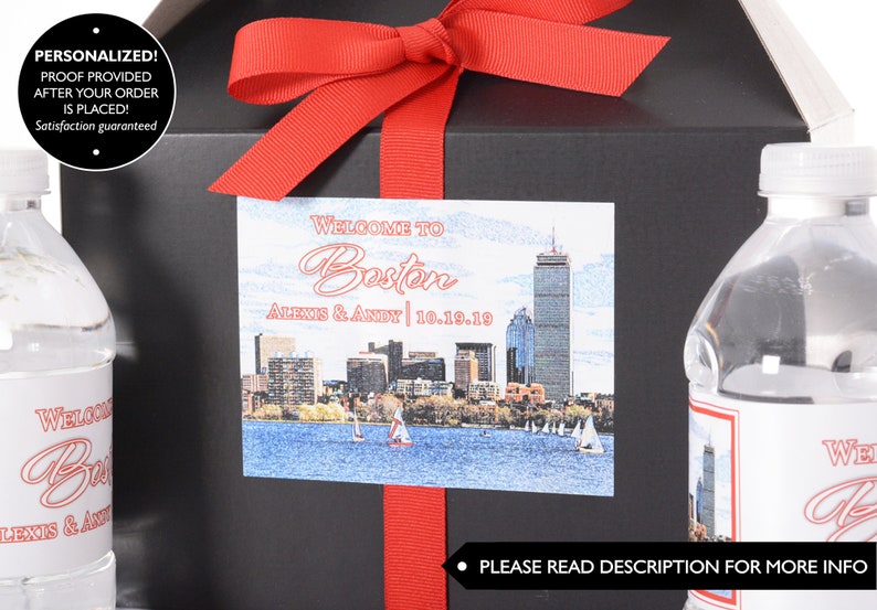 Boston Wedding Favor Boxes Hotel Welcome Box Kits with Matching Water Bottle Labels City Skyline Favor Boxes Custom Welcome Box Sets image 2