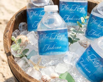 Waterproof Wedding Water Bottle Labels - Turquoise Seashore Beach Themed Stickers
