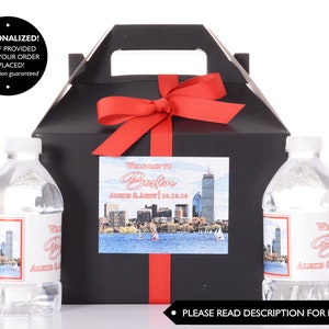 Boston Wedding Favor Boxes Hotel Welcome Box Kits with Matching Water Bottle Labels City Skyline Favor Boxes Custom Welcome Box Sets image 1