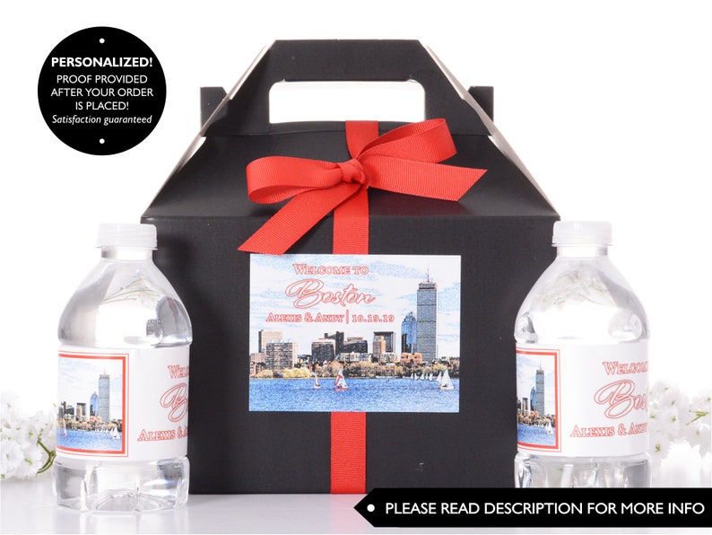 Boston Wedding Favor Boxes Hotel Welcome Box Kits with Matching Water Bottle Labels City Skyline Favor Boxes Custom Welcome Box Sets image 1