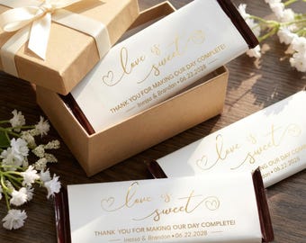 Goudfolie metallic snoepreep wrappers - Love is Sweet Chocolate Labels, Wedding Favor Stickers