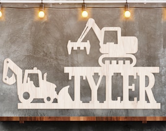 Construction Trucks Name Sign, Custom Name Sign Gift, Kids Room Decor, Kids Gift Ideas, Construction Themed Decor, Bulldozer Gift Sign