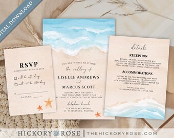 INSTANT DOWNLOAD Invitation Suite, Editable Card Template, Beach Wedding Invite Set Template, Printable Invitation Templates | #wdi-423