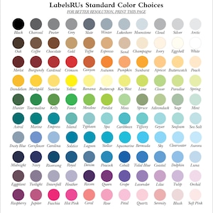 May include: A chart of 100 color swatches with names for each color. The colors are arranged in rows and columns, with the names of the colors listed below each swatch.